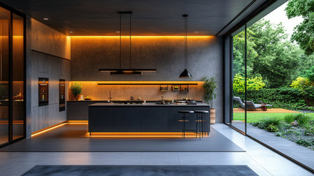 Interior of modern kitchen with black and white walls, concrete floor, black countertops and wooden cupboards. 3d renderingの素材