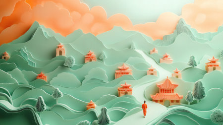 3d illustration of landscape with mountain and pagoda in paper art styleの素材