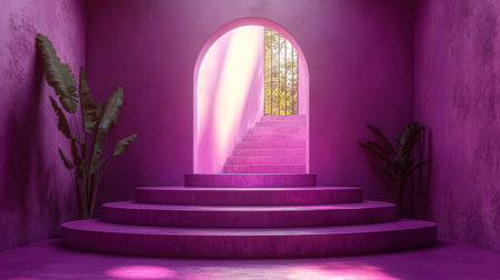 Purple stairs with arch and palm leaves. 3D rendering.の素材
