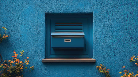 Blue wooden mailbox on the blue wall background. 3d rendering.の素材