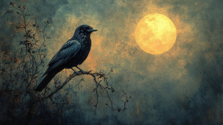 Black crow on a branch in front of a full moon. 3d renderingの素材