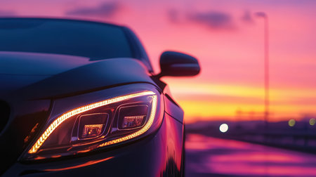 Car headlight on the road at sunset. Shallow depth of fieldの素材