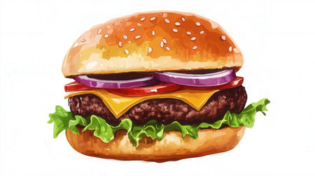Illustration of a cheeseburger with tomato, onion and lettuceの素材