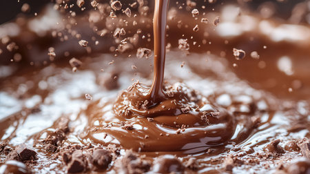 close up view of chocolate pouring into glass with splashes on brown backgroundの素材