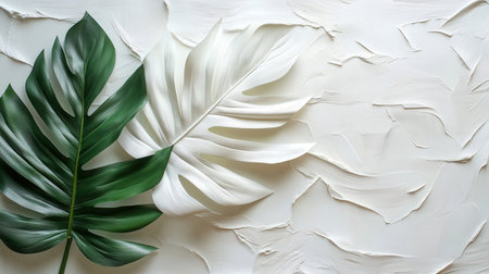Creative layout made of monstera leaves on white background. Flat lay, top view.の素材