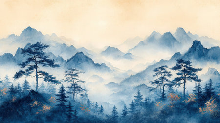 Landscape of mountain range with pine trees and fog. Digital painting.の素材