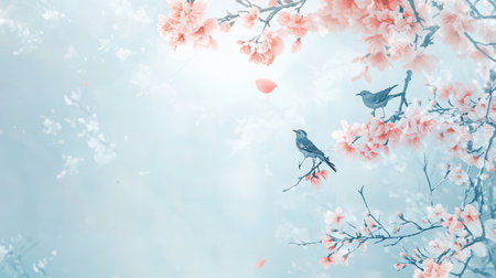 Cherry blossom and birds on blue sky background with copy spaceの素材