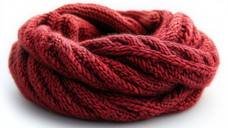 Red wool scarf isolated on white background. Knitted wool scarf.の素材