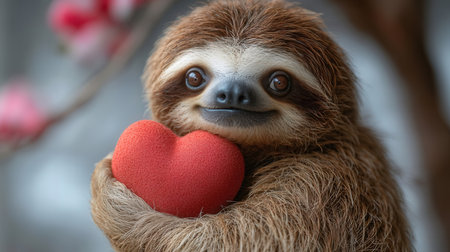 Cute sloth holding a red heart in his hand on a blurred background.の素材