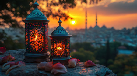 Lanterns on the background of a beautiful sunset in Istanbul, Turkeyの素材