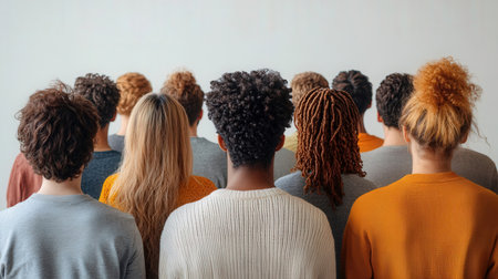 Rear view of a group of diverse people standing together in a rowの素材