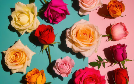 Colorful roses on a blue and pink background. Flat lay.の素材
