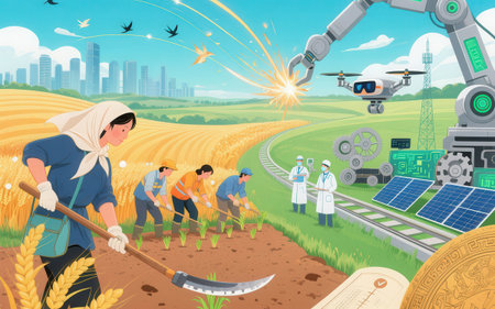 Farmer working in the field with drone. Vector illustration in cartoon styleの素材