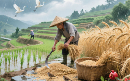 Vietnamese farmer working on rice field in the rainy season.の素材