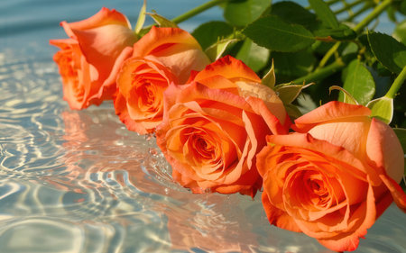 Bouquet of orange roses reflected in pure water, closeupの素材