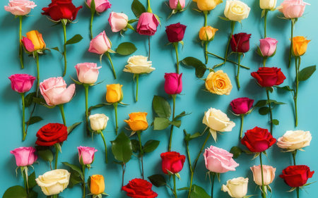 Colorful roses on blue background. Flat lay, top view.の素材