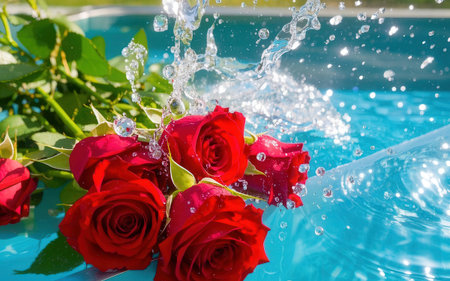 Red roses with water splash in swimming pool, valentine backgroundの素材