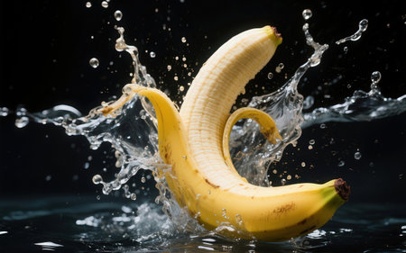 Banana falling into water with splash on black background, close upの素材