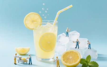 miniature people with lemonade on blue background, summer drink conceptの素材