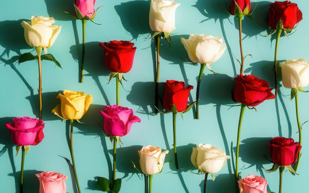 Colorful roses pattern on blue background. Flat lay, top viewの素材