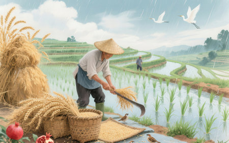 Vietnamese farmer working in rice field in the rainy season.の素材