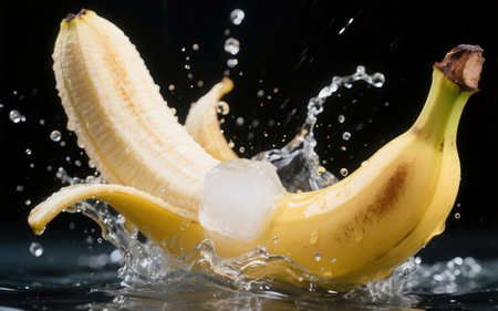 Banana falling into water with ice cubes and splashes on black backgroundの素材