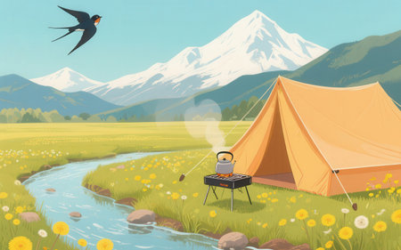 Camping in the mountains with a tent and a bird. Vector illustrationの素材