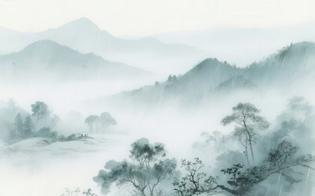 Landscape of mountain and fog in the morning.Digital painting.の素材