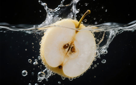 Fresh apple falling into water with splash on black background. Close up.の素材