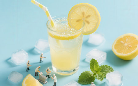 Refreshing lemonade with ice and miniature people on blue backgroundの素材