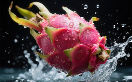 Dragon fruit in water splash on black background, with clipping path.の素材
