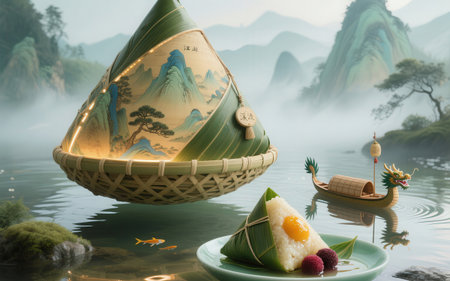 Dragon Boat Festival rice dumplings and rice dumplings on a green backgroundの素材