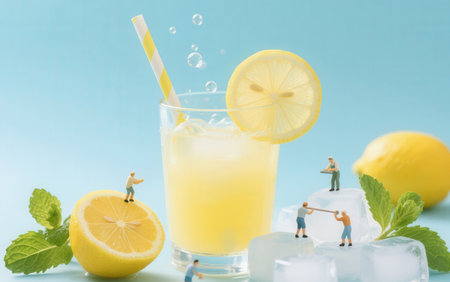 Refreshing lemonade with ice and mint on a blue backgroundの素材