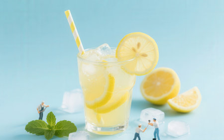 Lemonade with ice and miniature people on a blue background.の素材