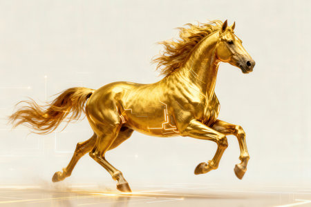 golden horse on a white background. 3d rendering, 3d illustrationの素材