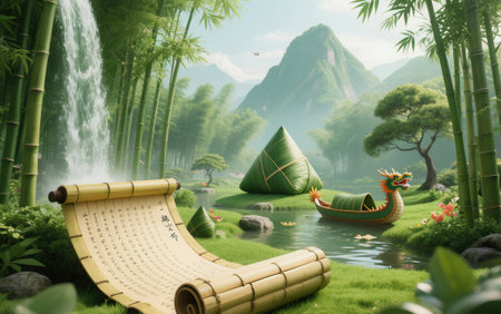 Chinese zen garden, bamboo and dragon boat, 3D renderingの素材