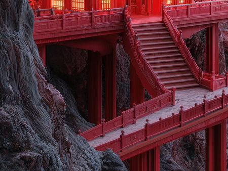 The red bridge in the middle of the rock in the temple.の素材