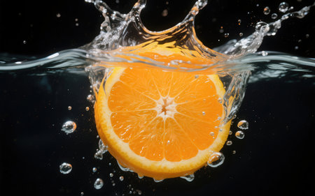Slice of orange falling into water with splash on black background.の素材