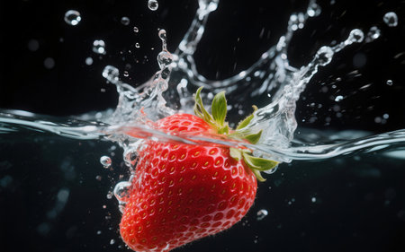 Strawberry falling into water with splash, isolated on black backgroundの素材