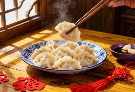Chinese dumplings on a plate with chopsticks on a wooden tableの素材