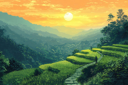 Rice terraces in the mountains. Nature background. Vector illustration.の素材