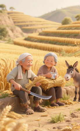 Old couple and donkey in the rice field, shot in Beijing, Chinaの素材
