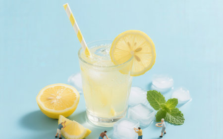 Refreshing lemonade with ice and mint on a blue backgroundの素材