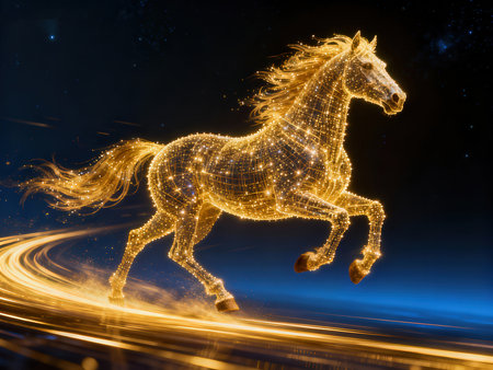 Horse in the sky with light trails. 3d illustration.の素材
