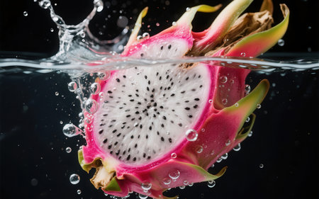 dragon fruit splashing into water on a black background, healthy foodの素材