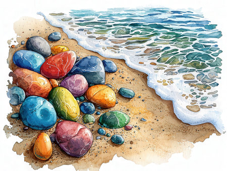 Colorful pebbles on the beach. Watercolor illustration.の素材