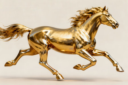 Golden horse on a white background. 3d rendering. Computer digital drawing.の素材
