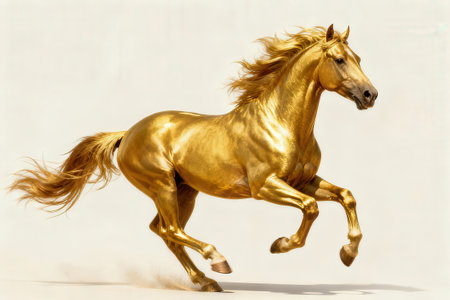 Golden horse on a white background, 3d rendering. Computer digital drawing.の素材