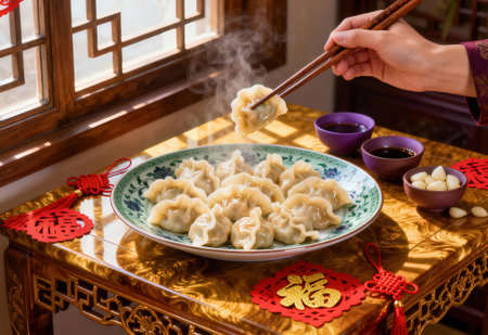 chinese dumplings on a plate with chopsticks and teaの素材