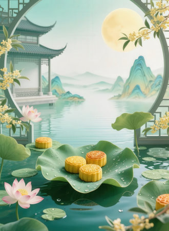 Mid-Autumn Festival of the Moon, mooncake and lotus flowerの素材